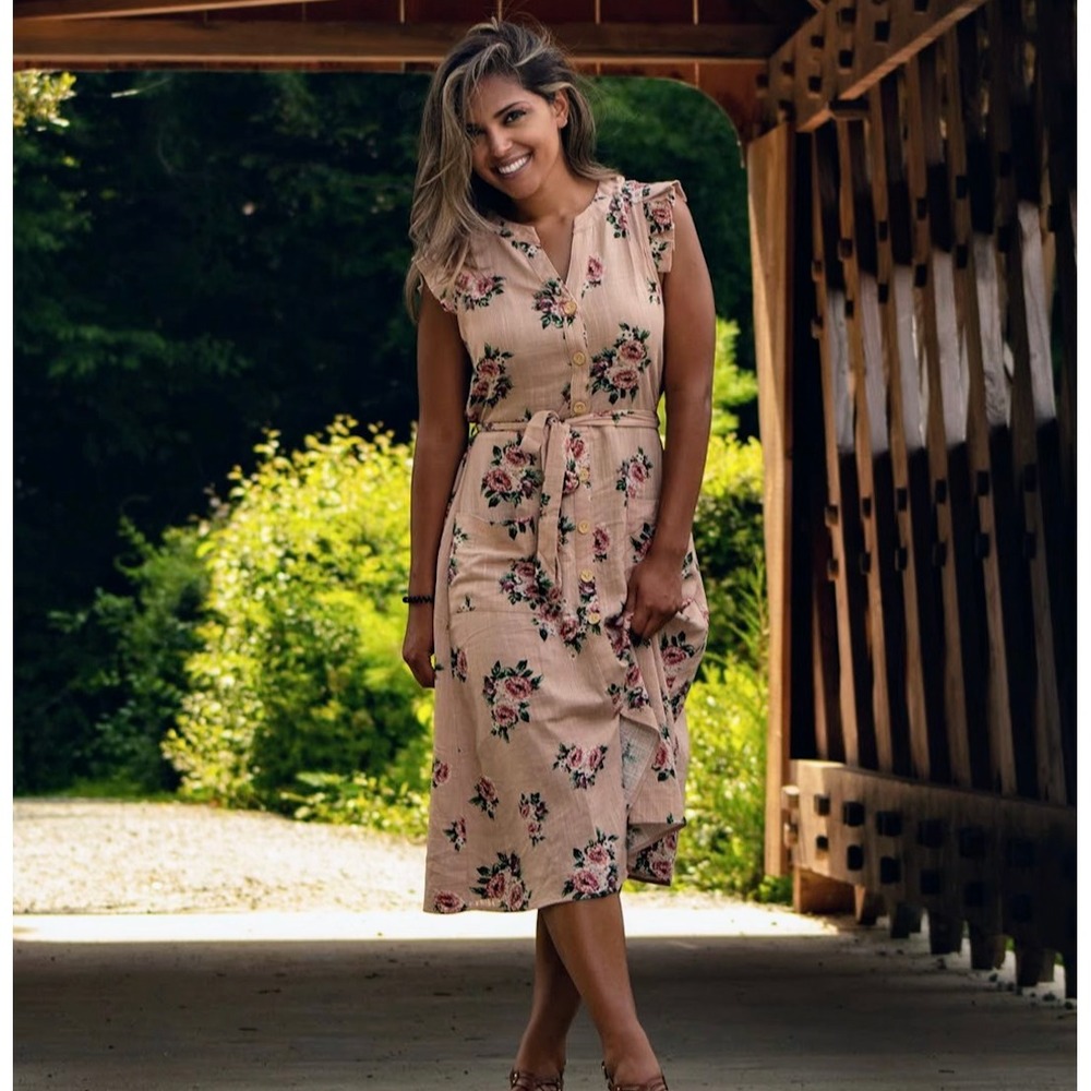 Monteau Rose Floral‎ Linen Blend-Belted Button Up Flattering Sun Dress-Size S